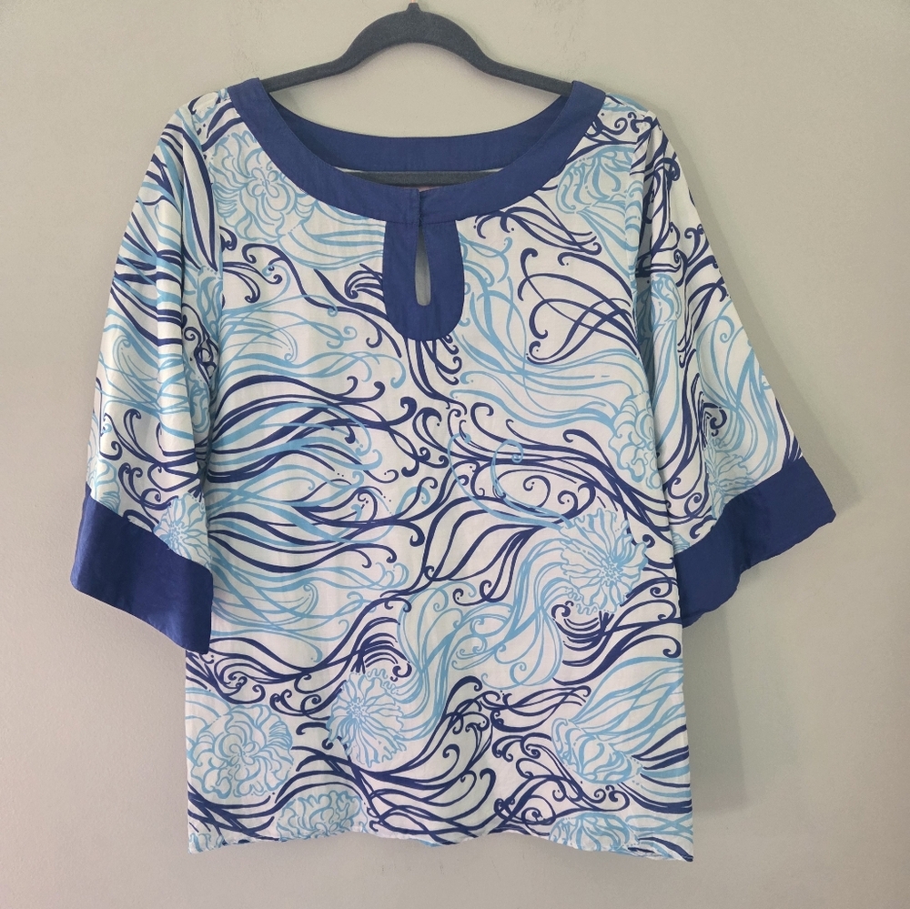 Lilly Pulitzer Blue and White Jellyfish Bell Sleeve Cotton Silk BlendTunic Top